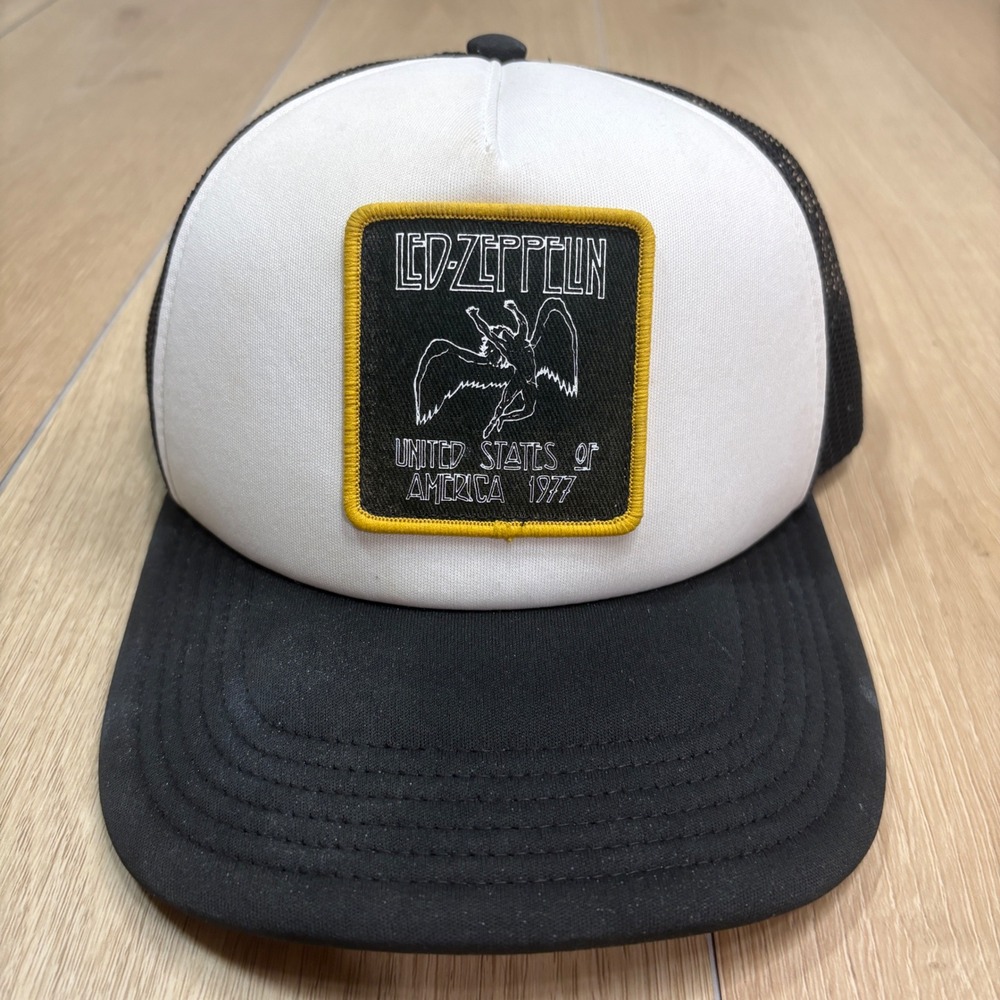 Led Zeppelin Trucker Hat Black White Yellow 1977 US Tour Patch Snapback Foam Cap